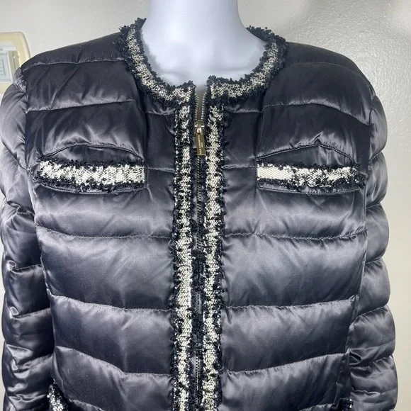 Karl Lagerfeld Black & Gold Tweed Detail Front Zip Puffer Jacket size XL - Picture 4 of 6